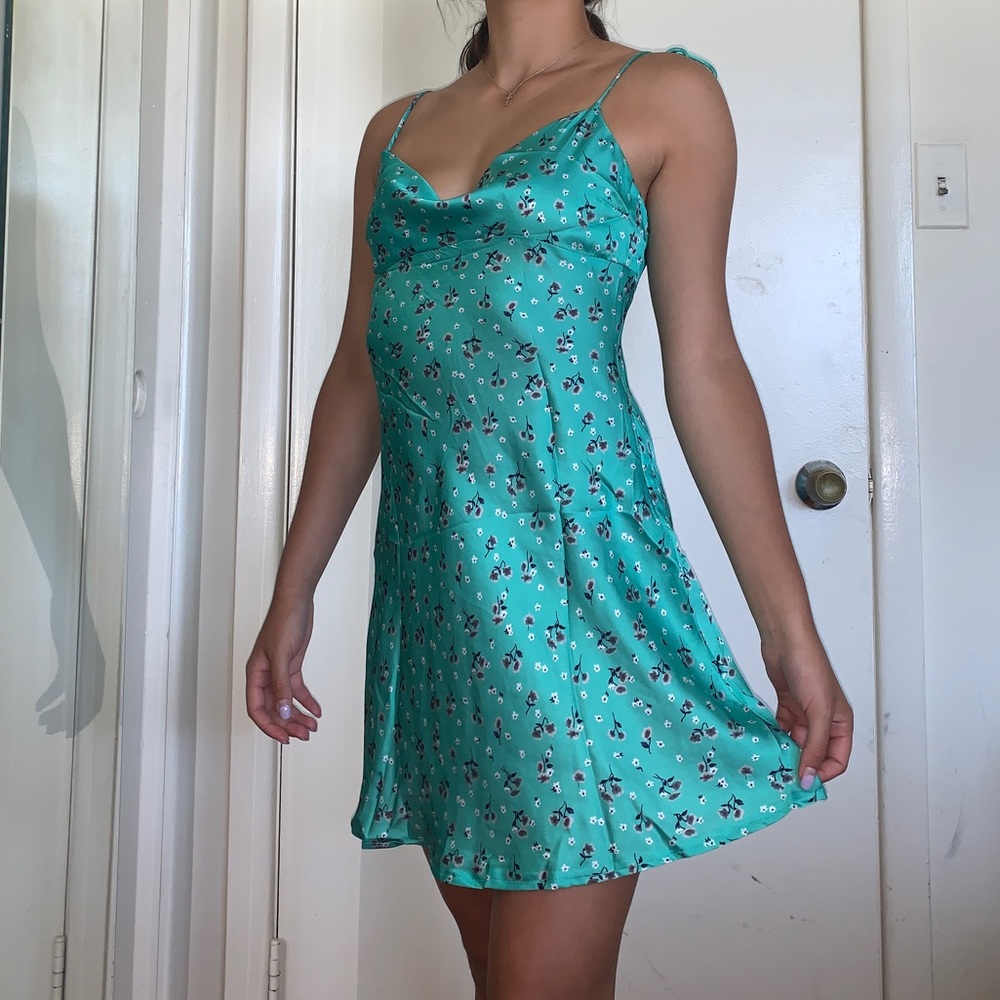 Charcoal Clothing Green Cowl Neck Silk Dress